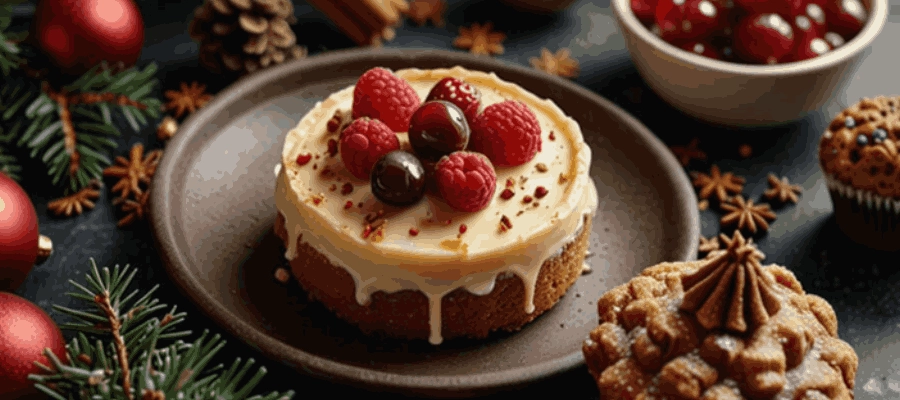 mesa posta com sobremesa de natal e frutas