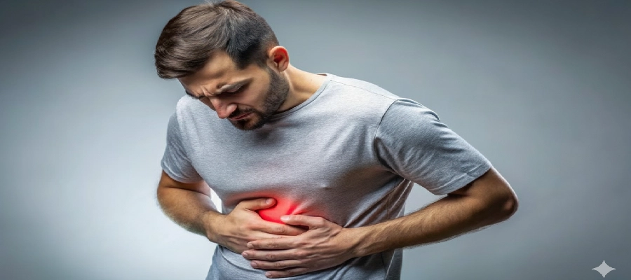 Homem jovem com expressão de dor intensa pressionando o abdômen, com destaque luminoso que pode indicar a presença de cisto no fígado. 