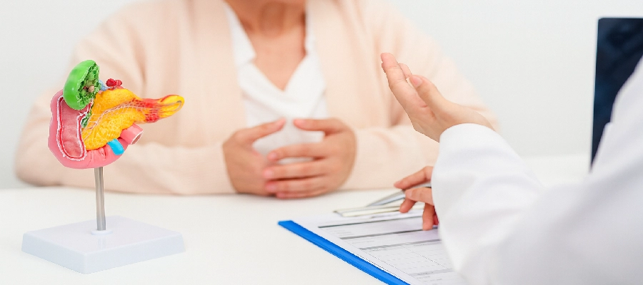  Médico explicando para o paciente para que serve a vesícula.