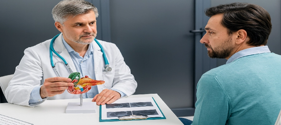 Médico explicando para o paciente o que é​ a colelitíase 