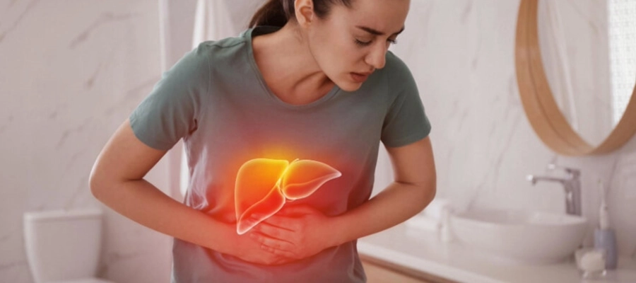 uma mulher segurando a barriga e ilustração de fígado