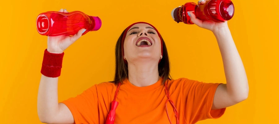 Mulher com camisa laranja e corda de pular nos ombros, segurando duas garrafas em direção à boca antes dos exercícios, com dúvida se energético faz mal para o fígado.