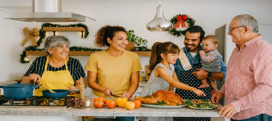 Família preparando a ceia de Ano-Novo na cozinha de casa. 