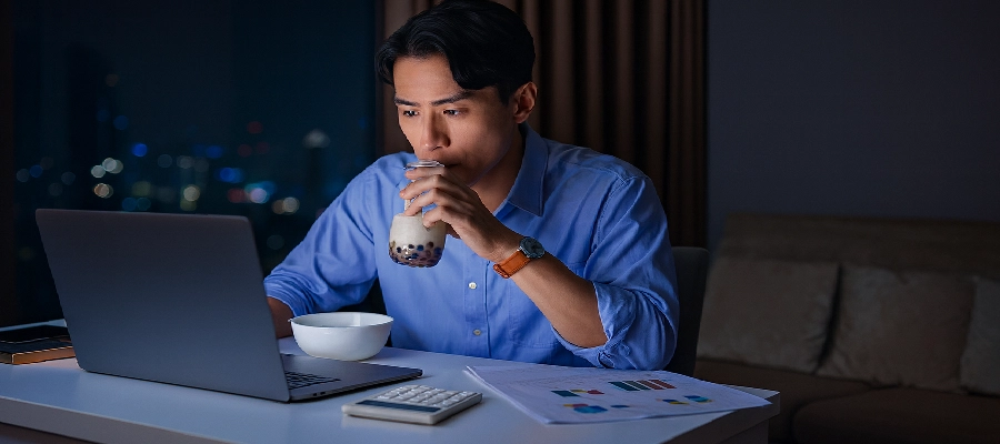 Homem usando o computador para pesquisar se o leite é bom para azia.