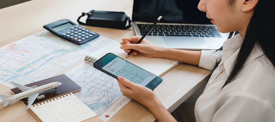 Mulher jovem planejando o roteiro de viagem para as férias no celular.