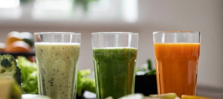 três copos com sucos detox cercados por frutas sortidas